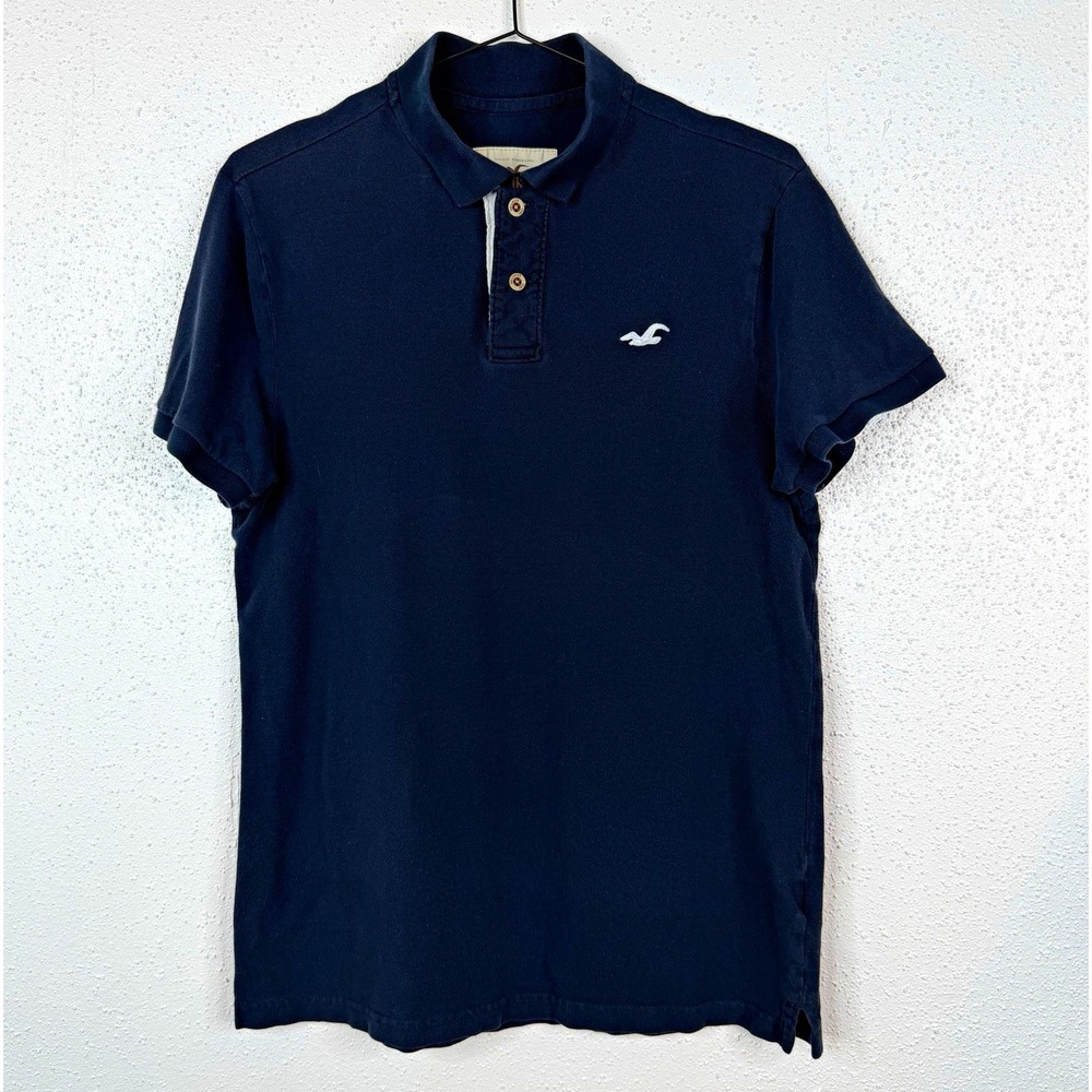 Hollister Y2k Men's Navy Solid Short Sleeve Collared Polo Shirt Logo Size M